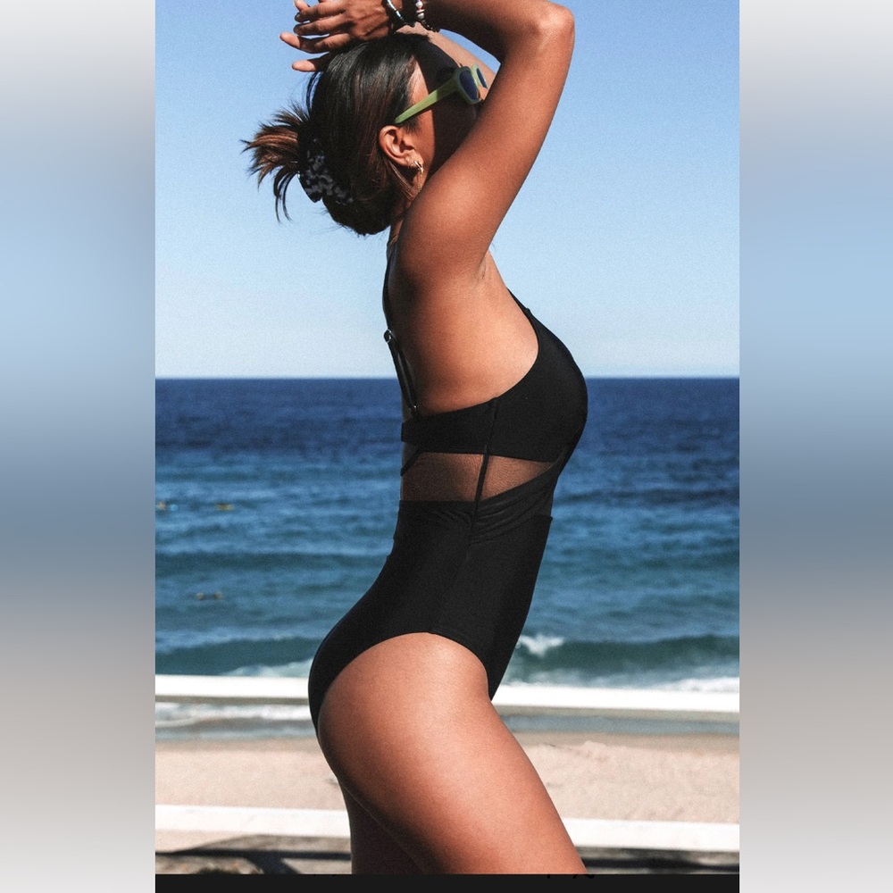 Solid Mesh Wrap Front Cutout Black One Piece Swimsuit - Picture 3 of 8